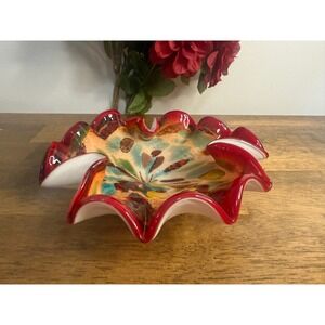 Vintage Hand Blown Art Glass Ruffled Bowl Red Aventurine Confetti Murano Style